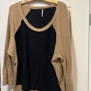 Free people lightweight tan and black sweater -fun wide neckline - size large